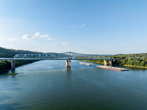 Aerial, Late Evening View of the Combs-Hehl Bridge - Interstate 275 - Ohio River - Kentucky and Ohio