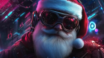 Futuristic Santa Claus portrait with cyberpunk goggles and cosmic reflections, perfect for holiday campaigns with a modern tech twist and vibrant holiday vibes