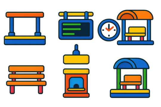 Vibrant Station Icons. 3D icon set of train station elements: platforms, benches, clocks, signage boards, ticket counters, waiting