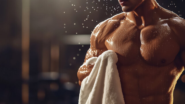 Strong muscular faceless man standing in dim gym environment with sweat droplets, wiping down after an intense workout. Fitness, copy space, strength training program, bodybuilding, athletic.