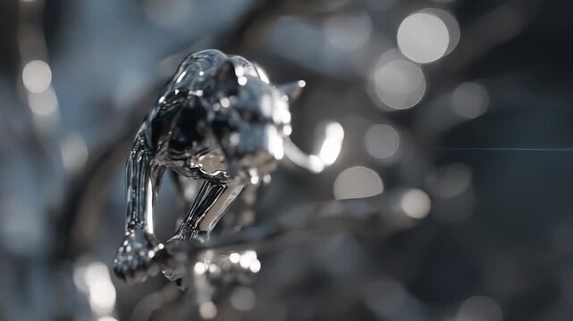 A sleek metal panther sculpture is poised on a delicate branch, showcasing the panther's sharp features. The panther's polished surface glistens in the light, highlighting its fier