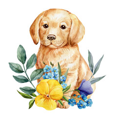 Golden retriever puppy with yellow pansy and blue forget me not flowers in gentle watercolor botanical illustration