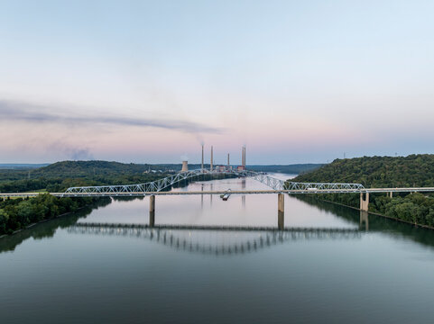Aerial, Blue Hour and Sunset View of the Carroll Lee Cropper Bridge - Interstate 275 - Ohio River - Kentucky and Indiana