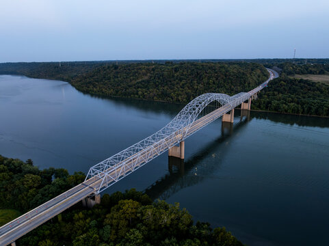 Aerial, Blue Hour and Sunset View of the Carroll Lee Cropper Bridge - Interstate 275 - Ohio River - Kentucky and Indiana