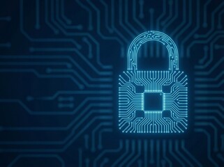 Glowing blue circuit board padlock with integrated microchip on a dark blue background, representing digital cybersecurity and data protection.