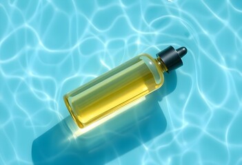 Luxury essential oil dropper bottle mockup floating on blue water | Summer skincare product display with sunlight caustics | Golden serum bottle submerged in clear turquoise spa water.