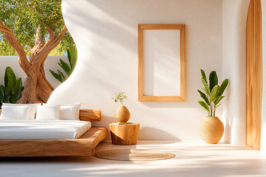 A tranquil and inviting rustic style bedroom featuring a wooden bed