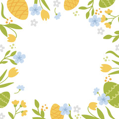Obraz premium Colorful painted eggs and flowers decorate a square frame for a happy Easter celebration.