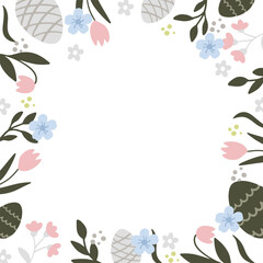 Colorful painted eggs and flowers decorate a square frame for a happy Easter celebration.