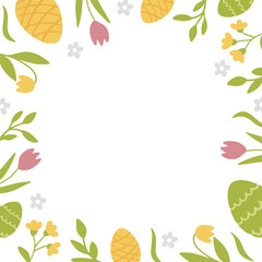Colorful painted eggs and flowers decorate a square frame for a happy Easter celebration.
