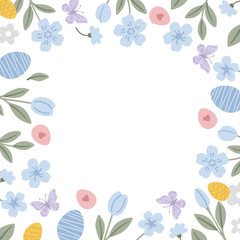 Colorful painted eggs and flowers decorate a square frame for a happy Easter celebration.