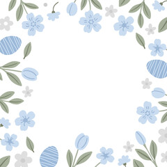 Colorful painted eggs and flowers decorate a square frame for a happy Easter celebration.