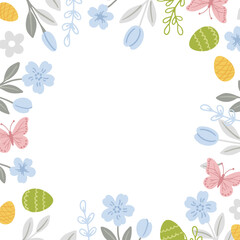 Colorful painted eggs and flowers decorate a square frame for a happy Easter celebration.