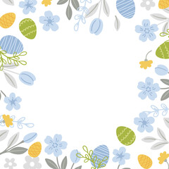Colorful painted eggs and flowers decorate a square frame for a happy Easter celebration.