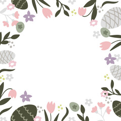 Colorful painted eggs and flowers decorate a square frame for a happy Easter celebration.