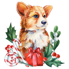 Corgi puppy with holly berries candy cane and gift box in festive watercolor winter illustration isolated for card, poster, design