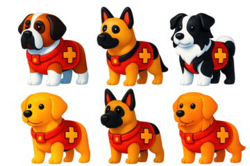 3D Rescue Dog Icons. 3D icon set of snow dog breeds for rescue: Saint Bernard, German Shepherd, Border Collie, Labrador Retriever,