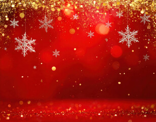 Red background with falling snowflakes and golden bokeh lights for the holidays