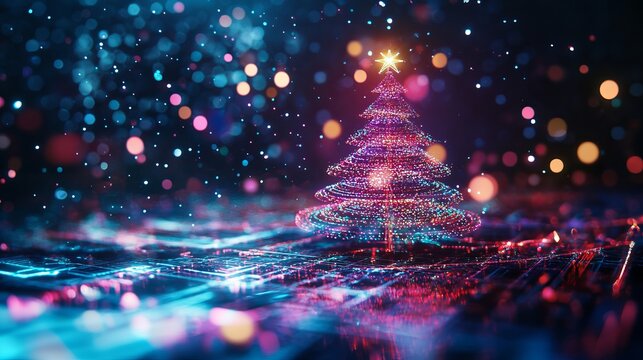 Magical Christmas tree glowing with festive light and color, creating a joyful holiday mood, perfect for seasonal greetings and celebrations