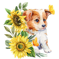 Puppy with bright yellow sunflowers and butterfly in cheerful summer watercolor botanical illustration