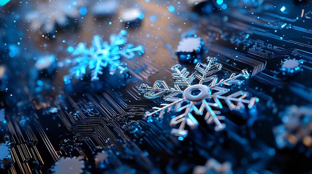 Tech snowflakes on circuit board create a futuristic winter vibe, perfect for holiday promos and cool technology designs with a modern edge