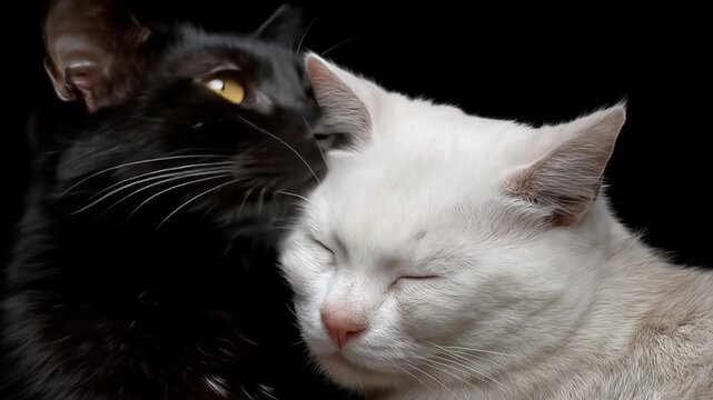Close up of two cats face to face with contrasting fur colors