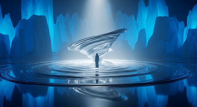 Mysterious ice sculpture in a glowing blue cavern - Powered by Adobe