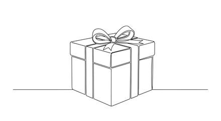 A creatively simple one-line drawing of a wrapped gift box with ribbon on a surface