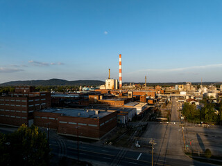 Aerial of Closed & Abandoned Paper Mill at Late Evening / Sunset - Chillicothe, Ohio