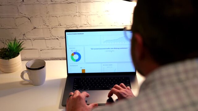 Middle Aged Male Businessman Viewing Annual Business Analytics Dashboard Fueled by Holiday Sales and Specials - Business Intelligence Analyst Concept