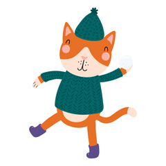 Cat in a hat, sweater, throwing snowball isolated on transparent. Hand drawn flat vector illustration. Cute cartoon character. Traditional Christmas, New Year design element, clip art