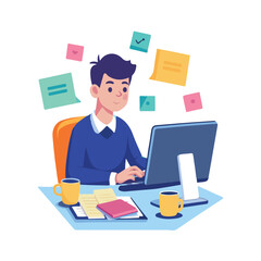 Productive Young Man Working at Desk with Computer