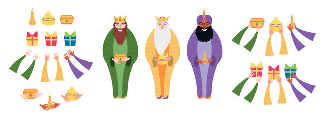 Three kings, hands, gifts, frankincense, myrrh, gold isolated on transparent background. Hand drawn flat vector illustration. Epiphany, Three Kings Day, Christmas design element, holiday clip art set