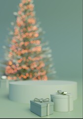Vertical Sage Green Christmas season bokeh background with empty podium for product display or text. Gifts and Christmas trees. Eco, Bio, Green Gift. Elegant, minimal 3d render illustration.