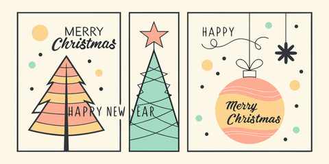retro whimsical christmas and new year vertical banners featuring stylized trees, striped ornaments, and star motifs in peach, light yellow, and mint green