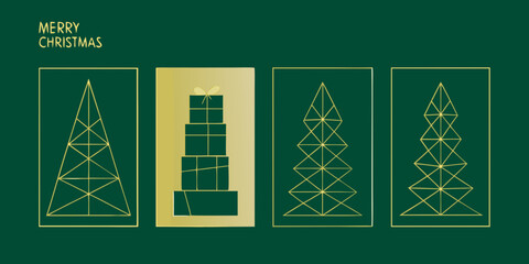 elegant minimalist christmas banners featuring abstract geometric golden line trees and a stack of golden gift boxes on a rich dark green background