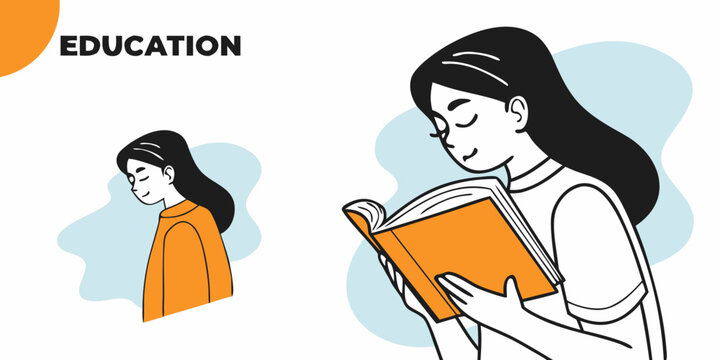 minimalist illustration of a young woman peacefully reading an orange book, representing education and the joy of learning, with "education" text