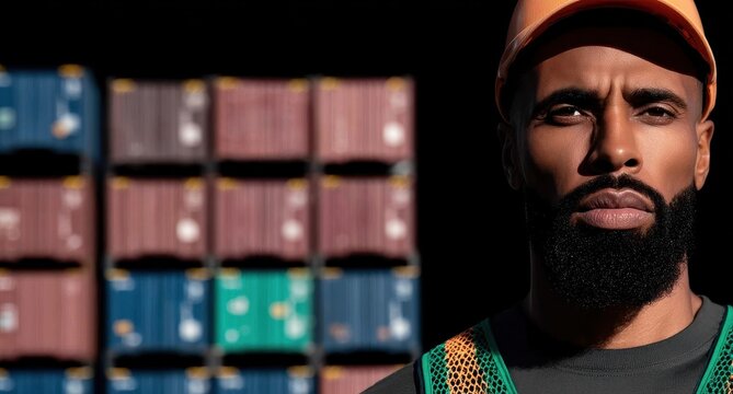 A serious dockworker with a beard poses against a blurred backdrop of shipping containers