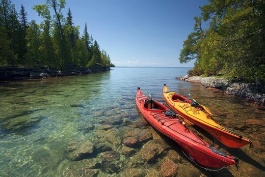 Canoes and Kayaks Docked on Northern Waters of Madeline Island in Lake Superior, Wisconsin
