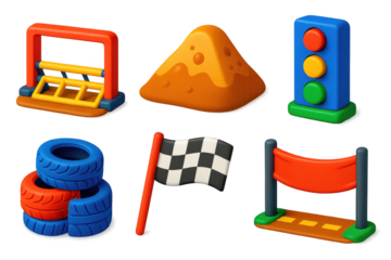 Vivid Dirt Track Icons. 3D icon set of dirt track elements: starting gate, dirt mound, tire barrier, race flag, finish line banner