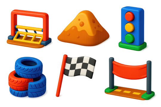 Vivid Dirt Track Icons. 3D icon set of dirt track elements: starting gate, dirt mound, tire barrier, race flag, finish line banner