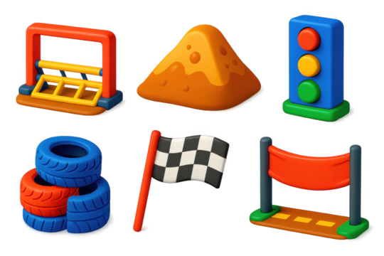 Vivid Dirt Track Icons. 3D icon set of dirt track elements: starting gate, dirt mound, tire barrier, race flag, finish line banner