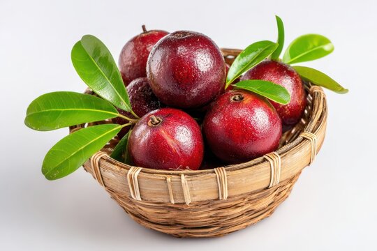 Fresh Kokum Fruit from India: Ayurvedic Delight in a Cane Basket with Leaves