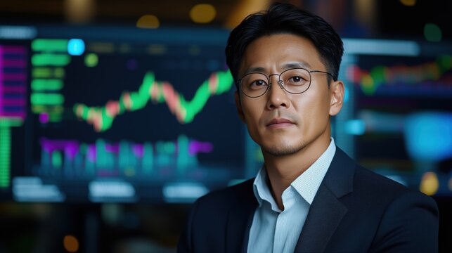 Asian businessman in office with financial charts on screen, representing stock market, trading, investment, business growth, and economic analysis