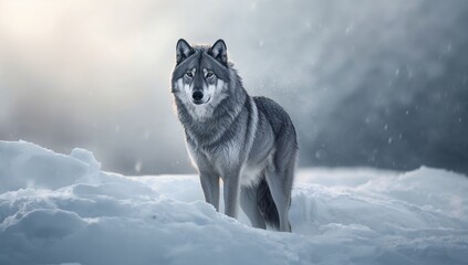 wolf in alpine environment in winter in foreground
