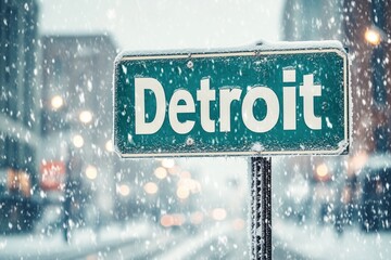 detroit city street sign in winter snow