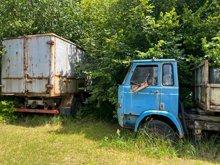 Old trucks abandoned in the bushes are turning into scrap metal