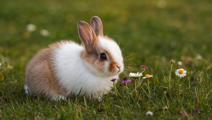 Fototapeta premium small dwarf bunny in the meadow in spring in the foreground