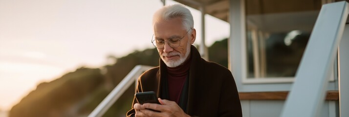 Elderly caucasian male using smartphone outdoors near elevated structure at sunset