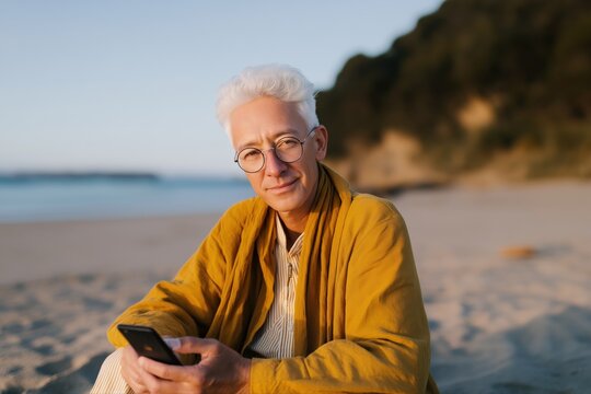Elderly caucasian male enjoying a beach sunset with smartphone